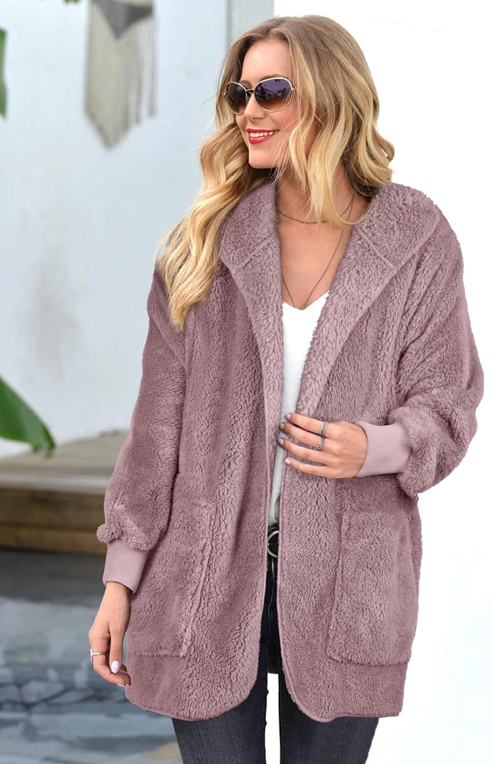CHICGAL Womens Fuzzy Jacket Hooded Cardigan Open Front Sherpa Coat Outwear with Pockets - Image 3