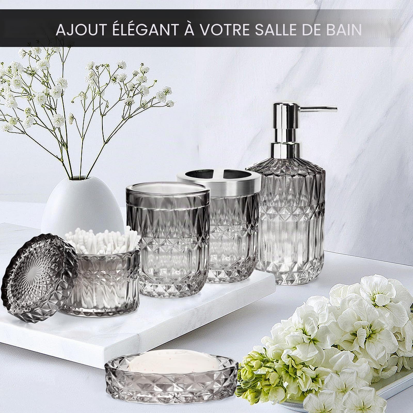 Lot de 5 accessoires de salle de bain, distributeur de savon en verre, porte-brosse à dents, gobelet, porte-savon et pot de rangement, décoration moderne pour salle de bain et cuisine pour maximiser