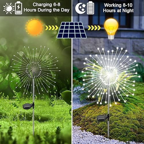 Miniatura 2 de Luces solares de jardín al aire libre, paquete de 2 120 luces LED parpadeantes de fuegos artificiales decorativas con 2 modos, luz solar impermeable