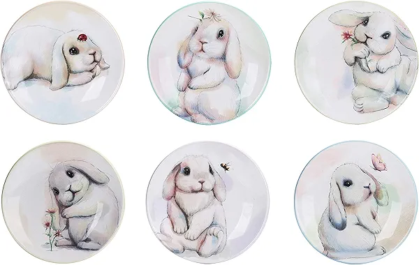 Bico Pastel Lop Bunny 6 inch Ceramic Appetizer Plates, Set of 6, for Salad, Appetizer, Snacks, Plates Microwave & Dishwasher Safe