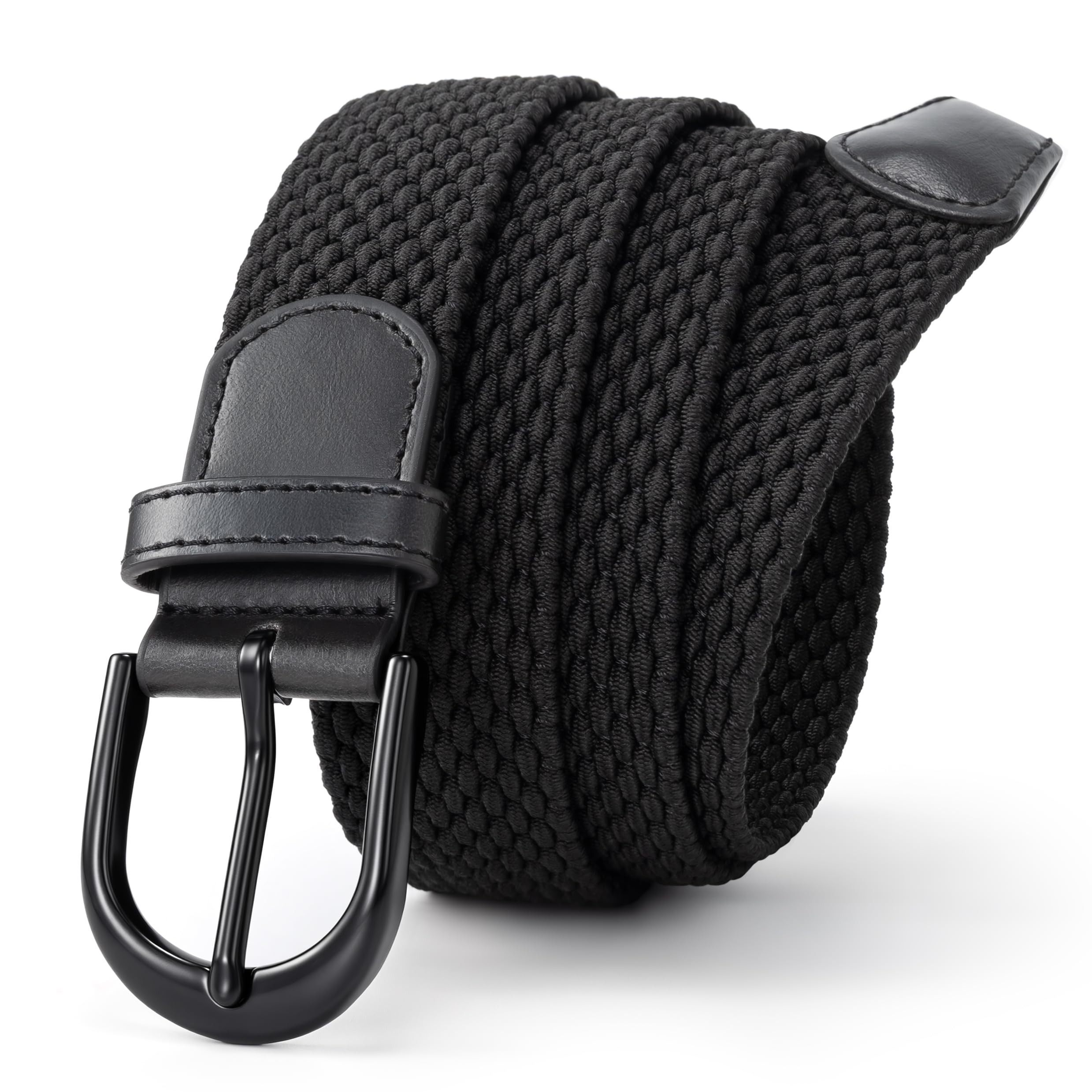 Mile High Life | Braided Stretch Elastic Belts | Pin Oval Solid Black Belt Buckle | PU Loop End Tip Men/Women/Junior Belt