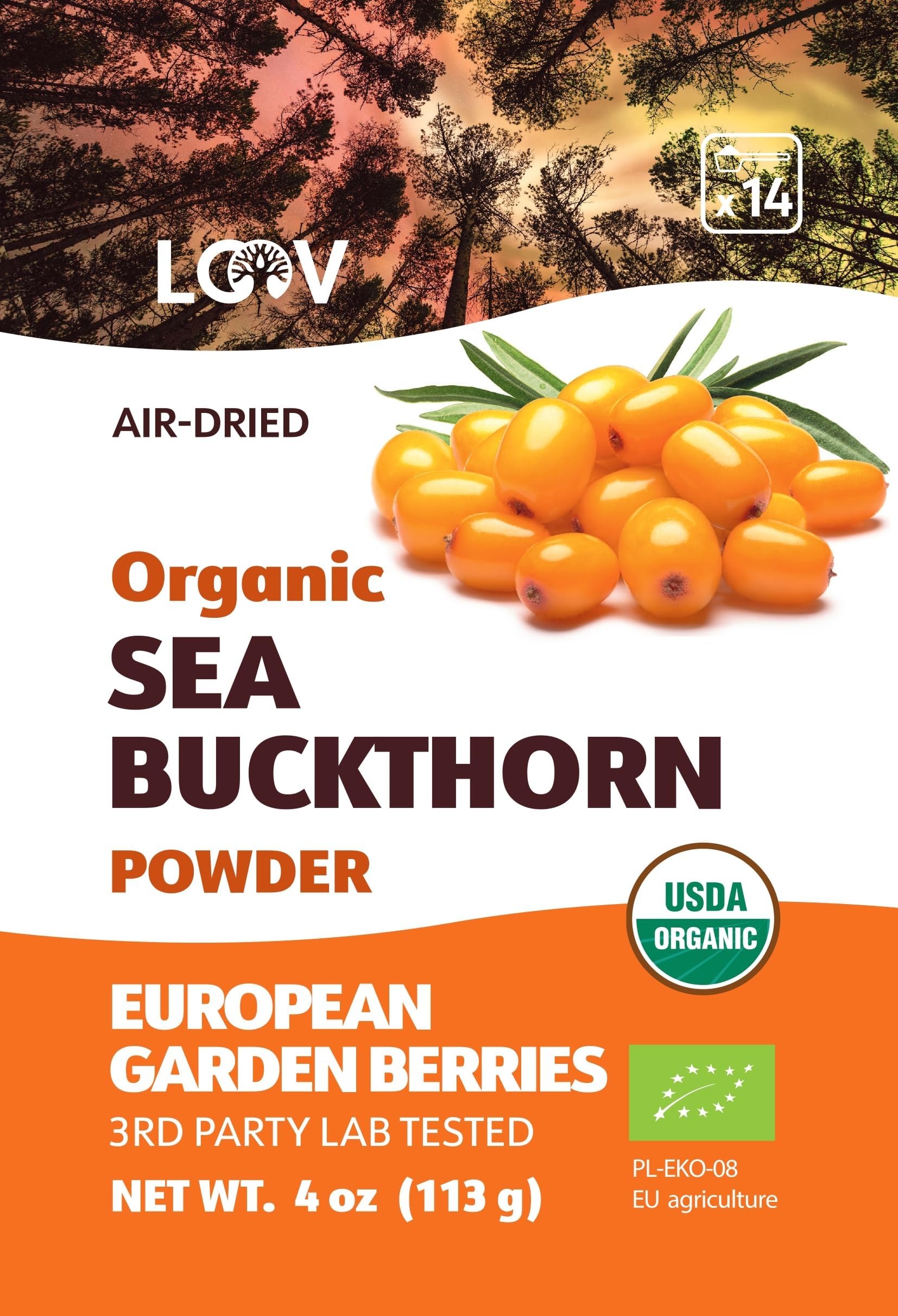 LOOV Organic Sea Buckthorn Berry Powder, High in Fiber, Omegas, Vitamin C, Vitamin E, Made from Whole Berries, 4 Oz, Grown in Nordic Climate, 23-Day Supply, No Added Sugar, Non-GMO