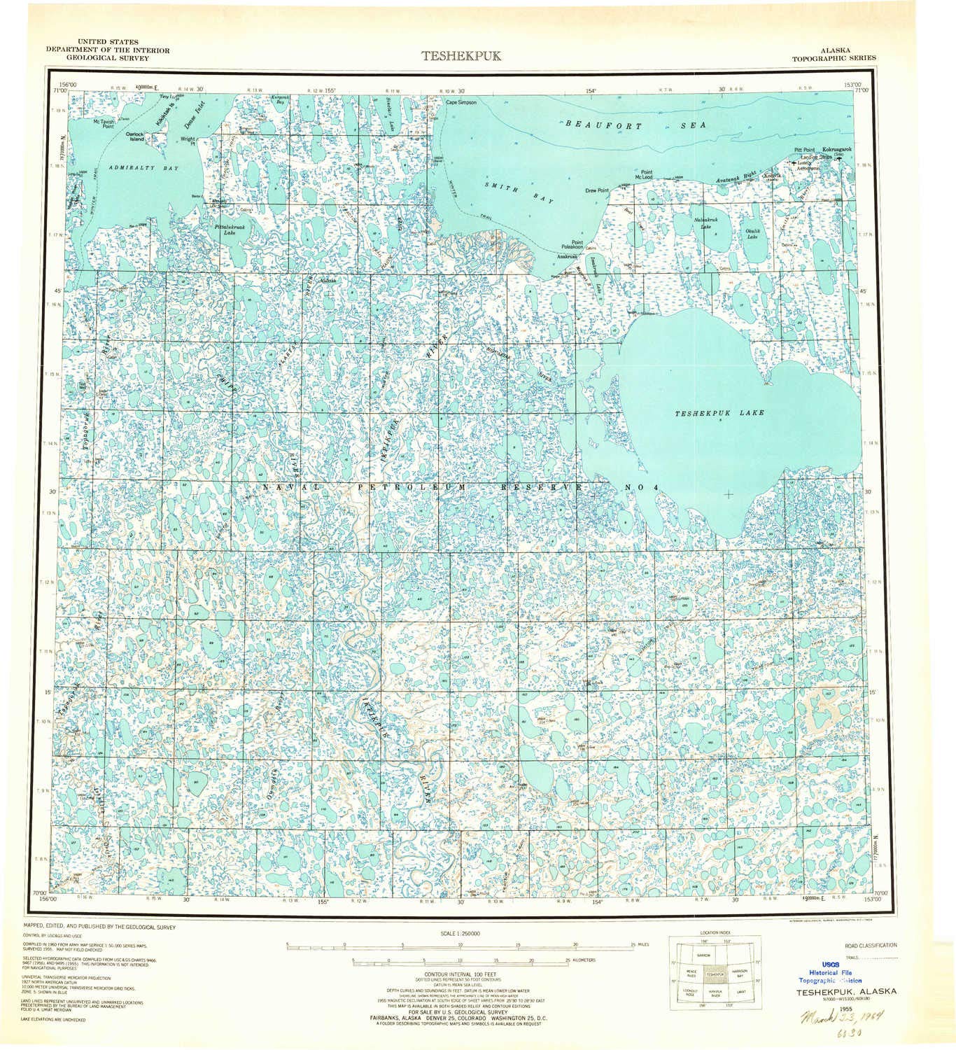 YellowMapsTeshekpuk AK topo map, 1:250000 Scale, 1 X 3 Degree, Historical, 1955, Updated 1964, 23 x 20.9 in