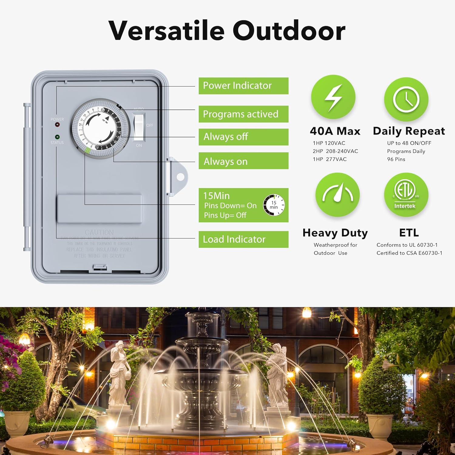 BN-LINK Pool Pump Timer Outdoor Mechanical Timer Box, Heavy Duty 24 Hour Programmable, 2HP 40A Max, 120, 240, 277 VAC, for Pool Pump, Water Heater, Fans, SPA