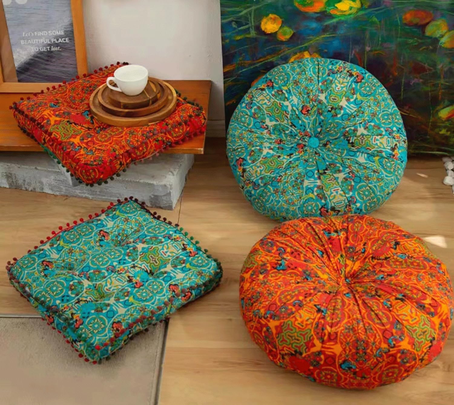 Meditation Cushion, Boho Meditation Mat, Meditation Pillows For Sitting On Floor, Cushions For Sitting In Home And Outdoor, Floor Pillows Cushion Sea(Size:42x42x6cm,Color:Moroccan square mat - orange)