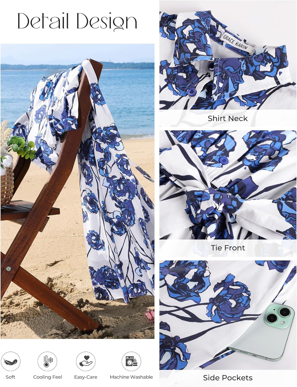 GRACE KARIN Womens Cotton Summer Boho Midi Dresses 2026 Puff Sleeve Shirt Dress Flowy Floral Wedding Guest Dress with Pocket - Image 3