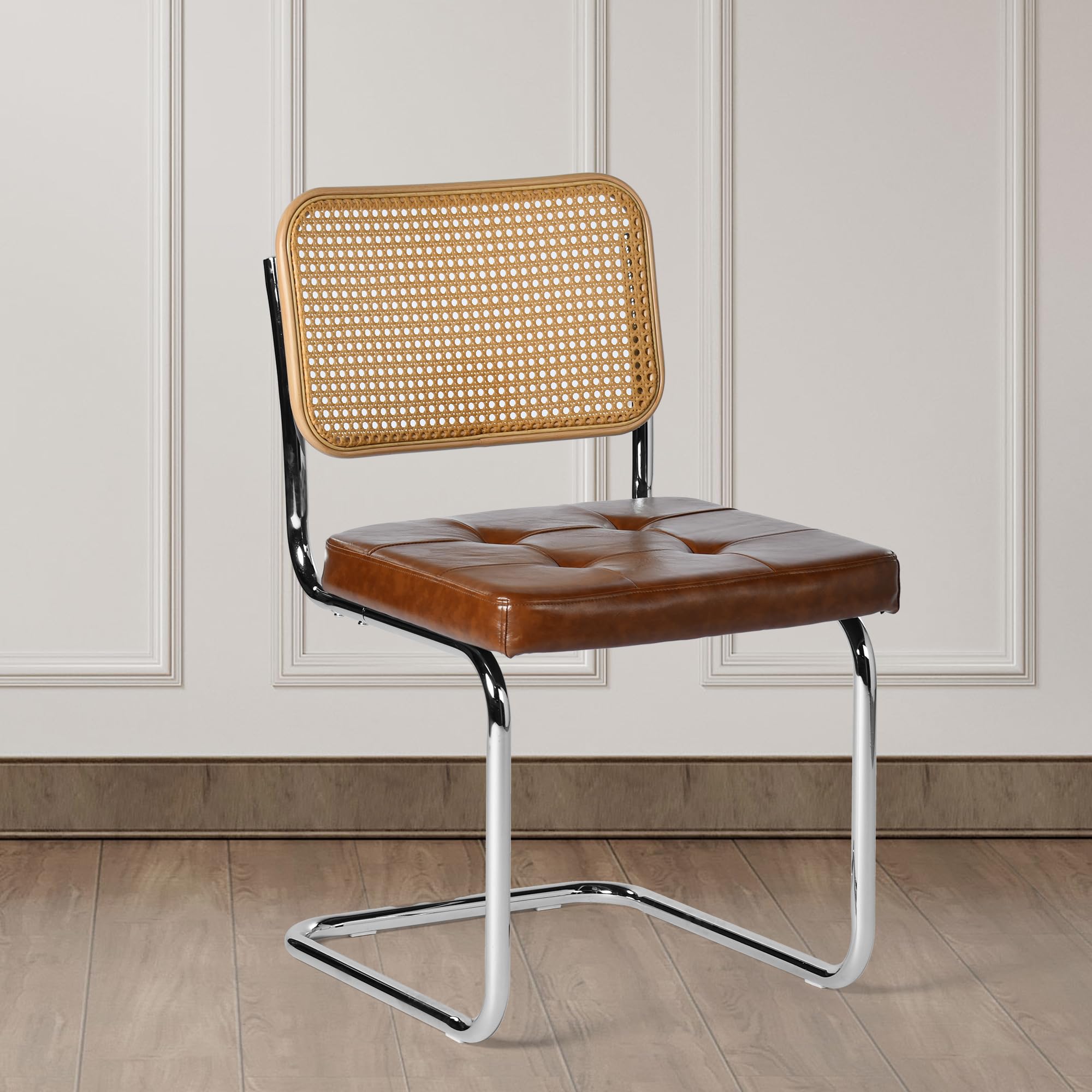 EGGREE 4er-Pack Rattan-Esszimmerstühle mit PU-Kissen und Galvanisierten Eisenbeinen für Konferenzräume, Büros, Esszimmer, R04-Braun