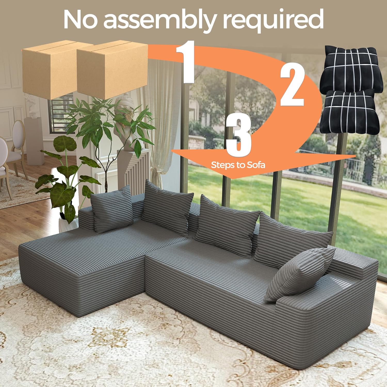 108"Modern Sectional Sofa,Modular Convertible L-Shape Sofas,Upholstered Couches with Deep Seat,Pet-Friendly Sponge Sofa for Living Room Bedroom,Sofa bed for small space (Gray, Left facing chaise)