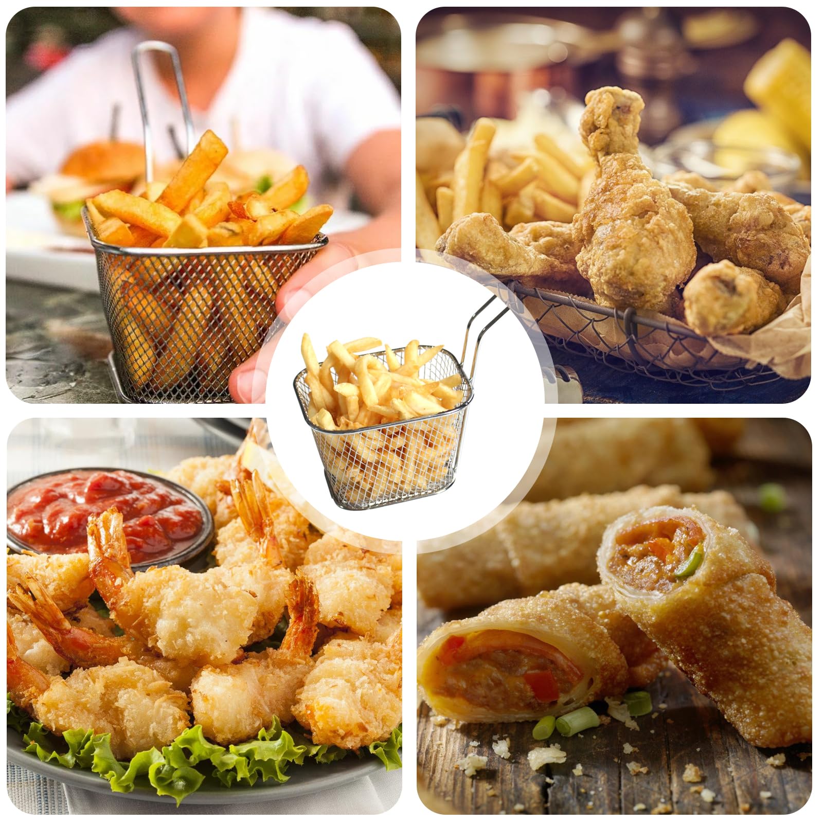 12 cestini per patatine fritte, in acciaio inox, piccoli cestini da portata con manico, mini cestini per patatine fritte, gamberetti, anelli di cipolla e snack