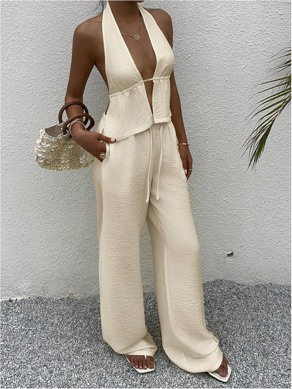SHENHE Women's Linen Set 2 Piece Outfits Sexy Backless Halter Top Low Rise Palazzo Pants Set - Image 3
