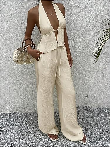 Miniatura 3 de SHENHE Conjunto de lino para mujer, conjunto de 2 piezas, sexy, sin espalda, parte superior halter y pantalones palazzo de tiro bajo