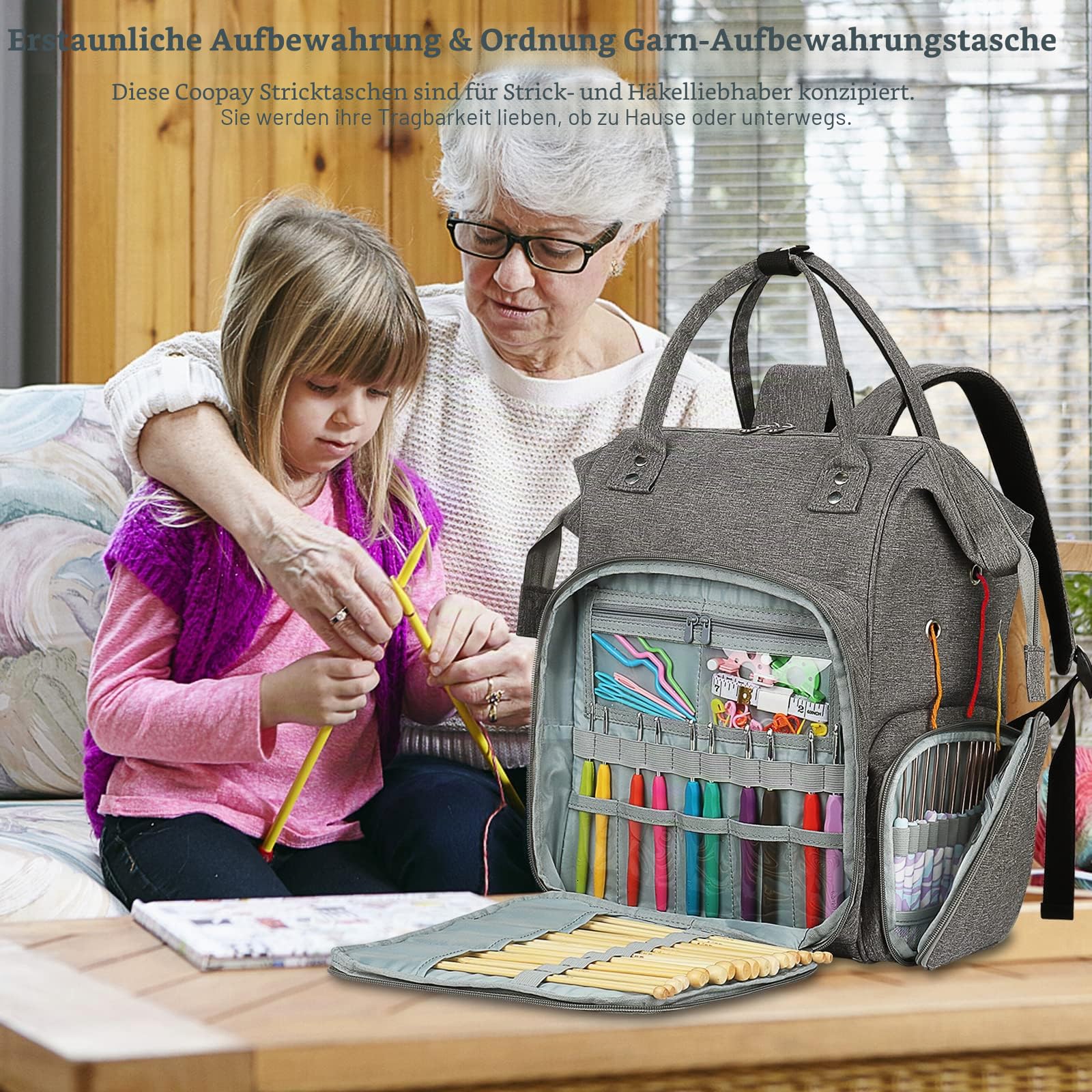 Coopay Multifunktion Stricktasche Rucksack, Reise Häkeltasche mit 6 Garnösen, Große Garnaufbewahrung Organizer Tasche für unfertige Projekte, Häkelnadel, Stricknadeln, Wolle, Strick- und Häkelzubehör