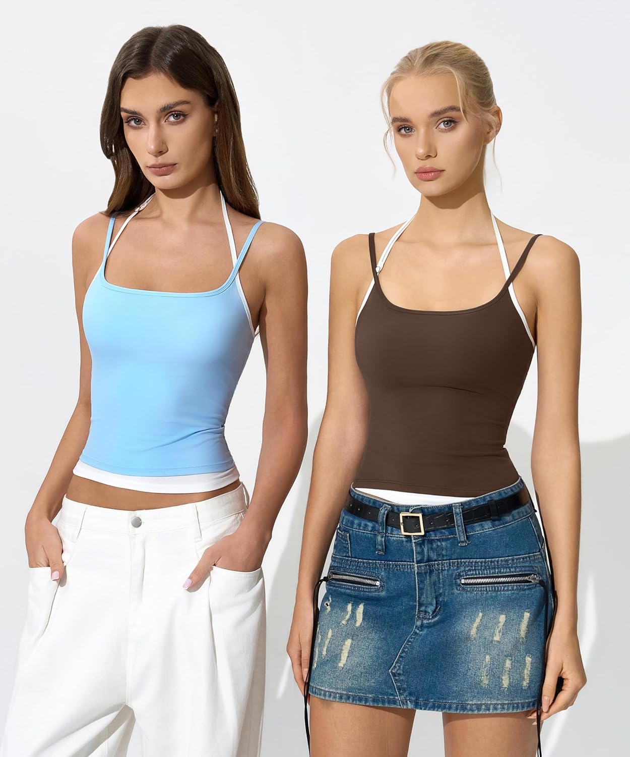 QINSEN Women's Spaghetti Strap Tank Top Slim Fitting Layered Halter Neck Sleeveless Cami Shirt - Image 3