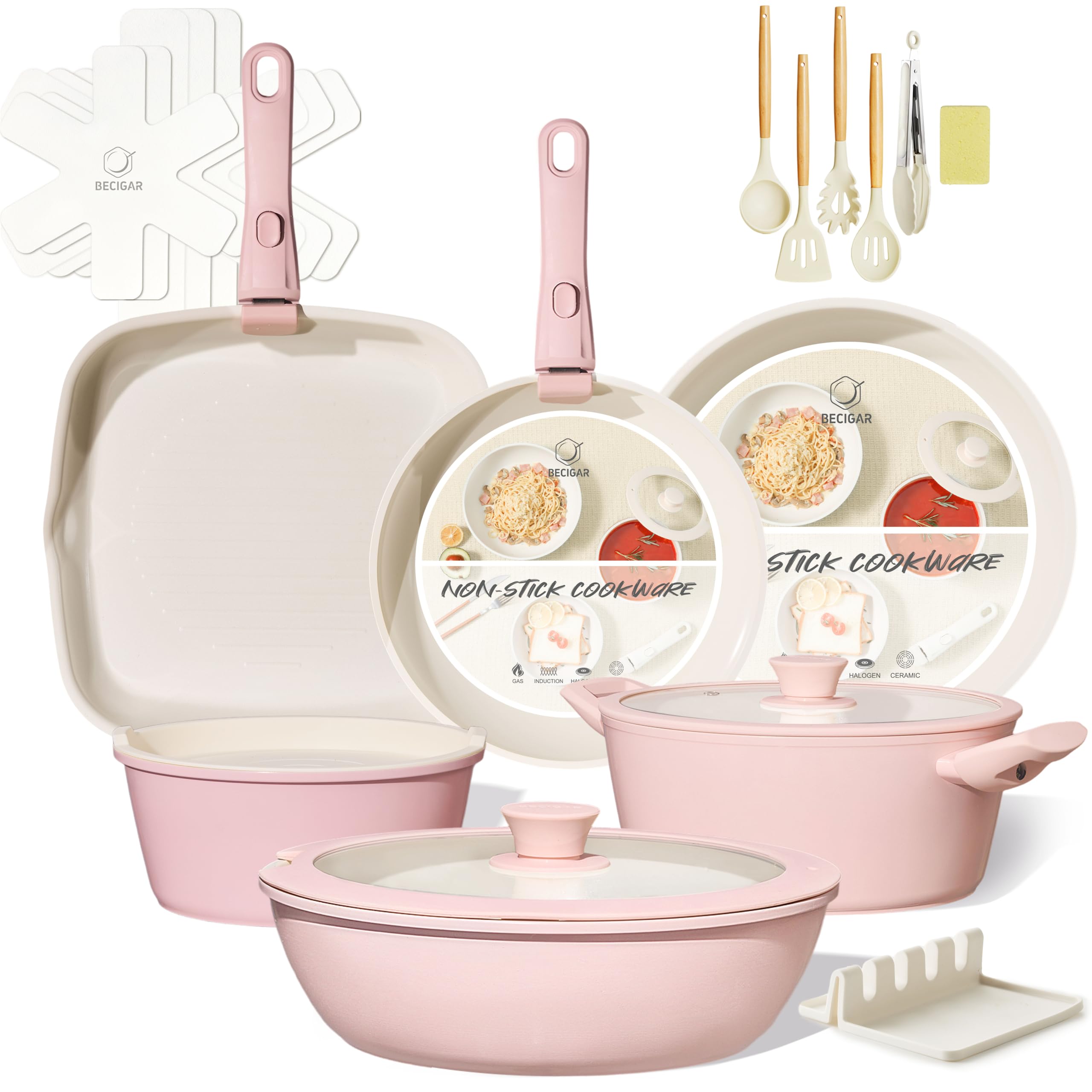 BECIGAR 23pcs Ceramic Pots and Pans Set