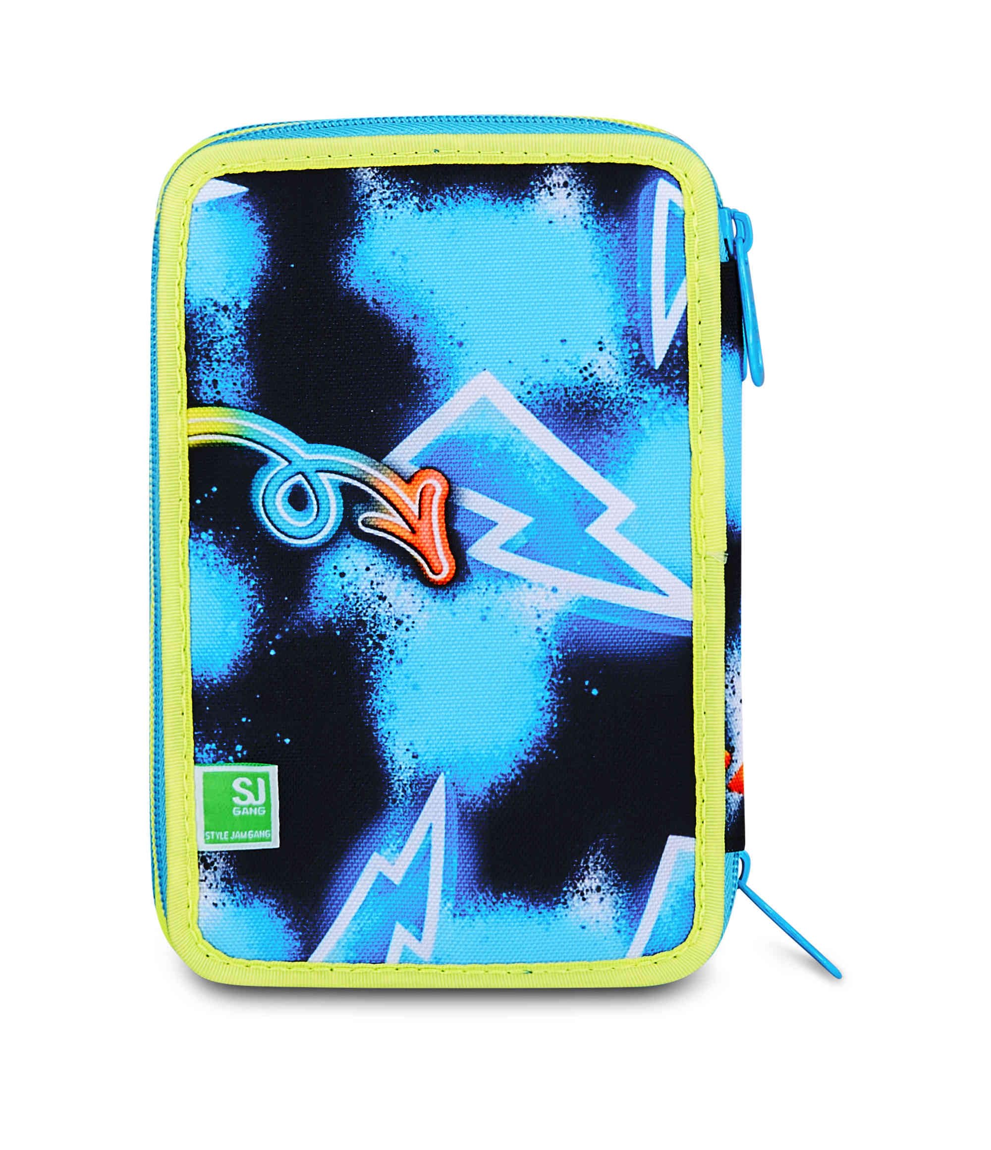 SJ GANG STYLE JAM GANG Astuccio Scuola 3 Zip 3D GLOWGAME, Blu, Triplo Scomparto, Scocca con pallone da calcio in rilievo, Portapenne Attrezzato, 45 pezzi, Accessori Zaino, Scuola elementare, Bambino