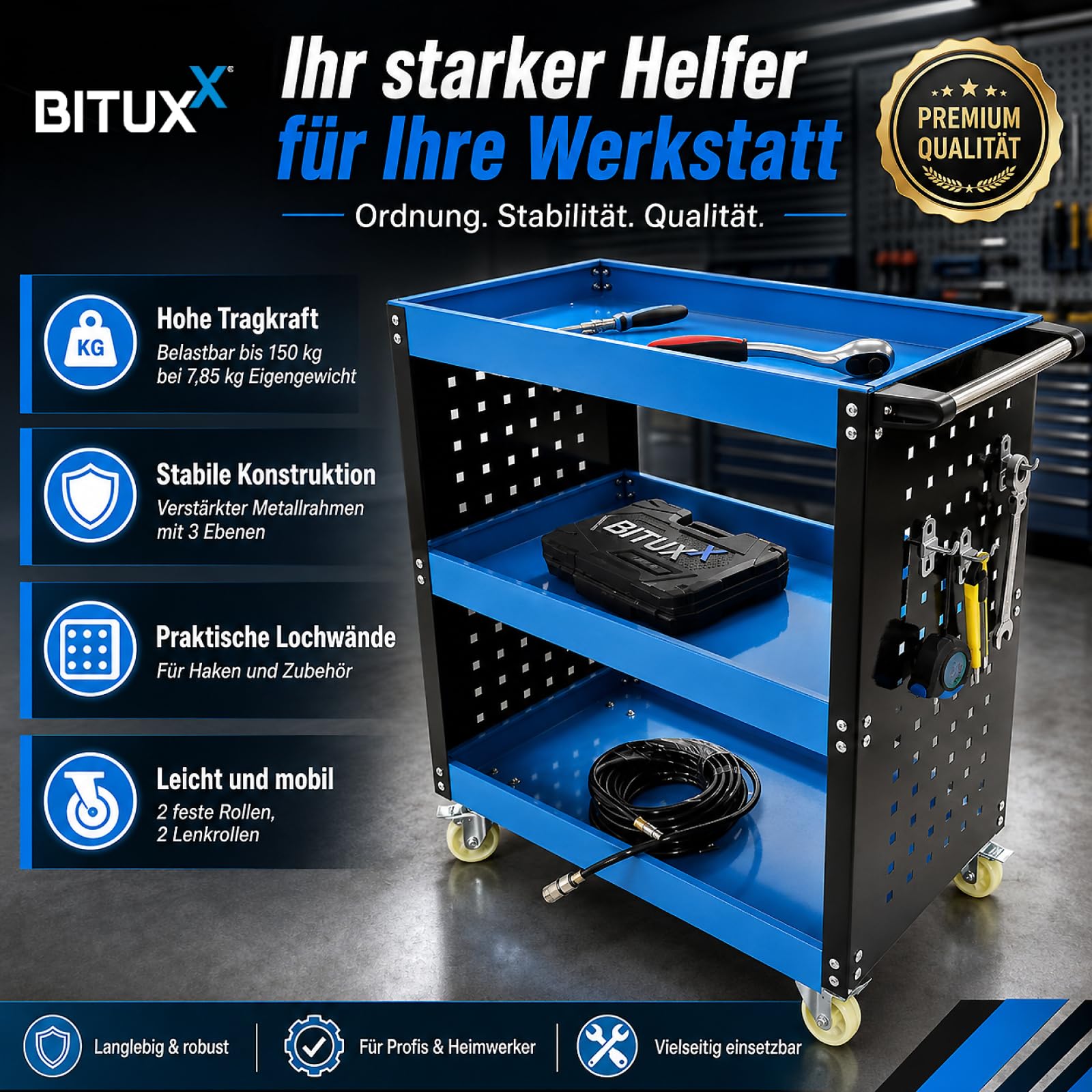 BITUXX Werkstattwagen mit 3 Ablagen, robuster Werkzeugwagen mit Rollen, Werkzeugablage für Garage & Werkstatt, mobiler Metallwagen, Stabiler Werkzeugkarren mit Griff und Lochwand mit 12 Haken