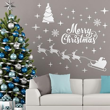 Amazon Com 2 張聖誕樹壁貼聖誕名言壁貼聖誕老人雪花貼紙聖誕名言貼紙馴鹿星星牆壁藝術轉印貼紙適合居家和派對裝飾 透明 家居裝修