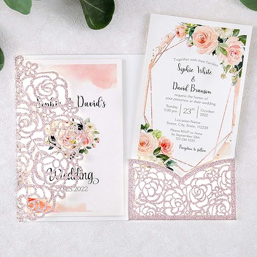 Miniatura 3 de DreamBuilt 4.7 x 7 pulgadas, 50 unidades de invitaciones de boda en blanco con purpurina de oro rosa con corte láser, bolsillo hueco de rosa,