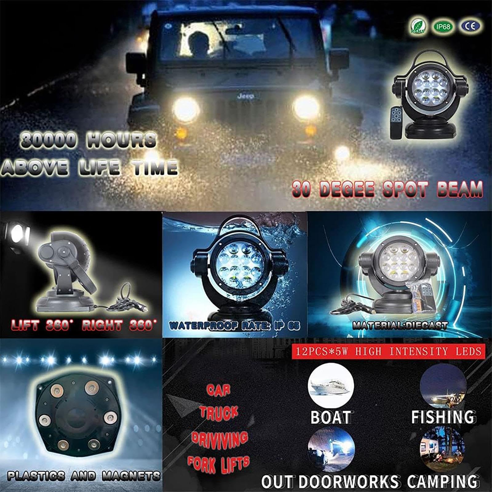 Faro di ricerca con telecomando a LED da 60 W, faretto LED for auto