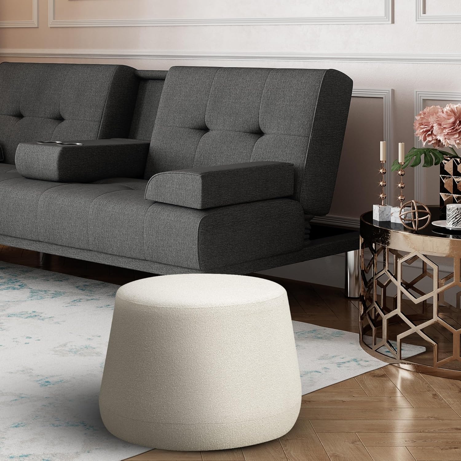 Snow Thimble-Shaped Round Ottoman in Soft Grey Sherpa