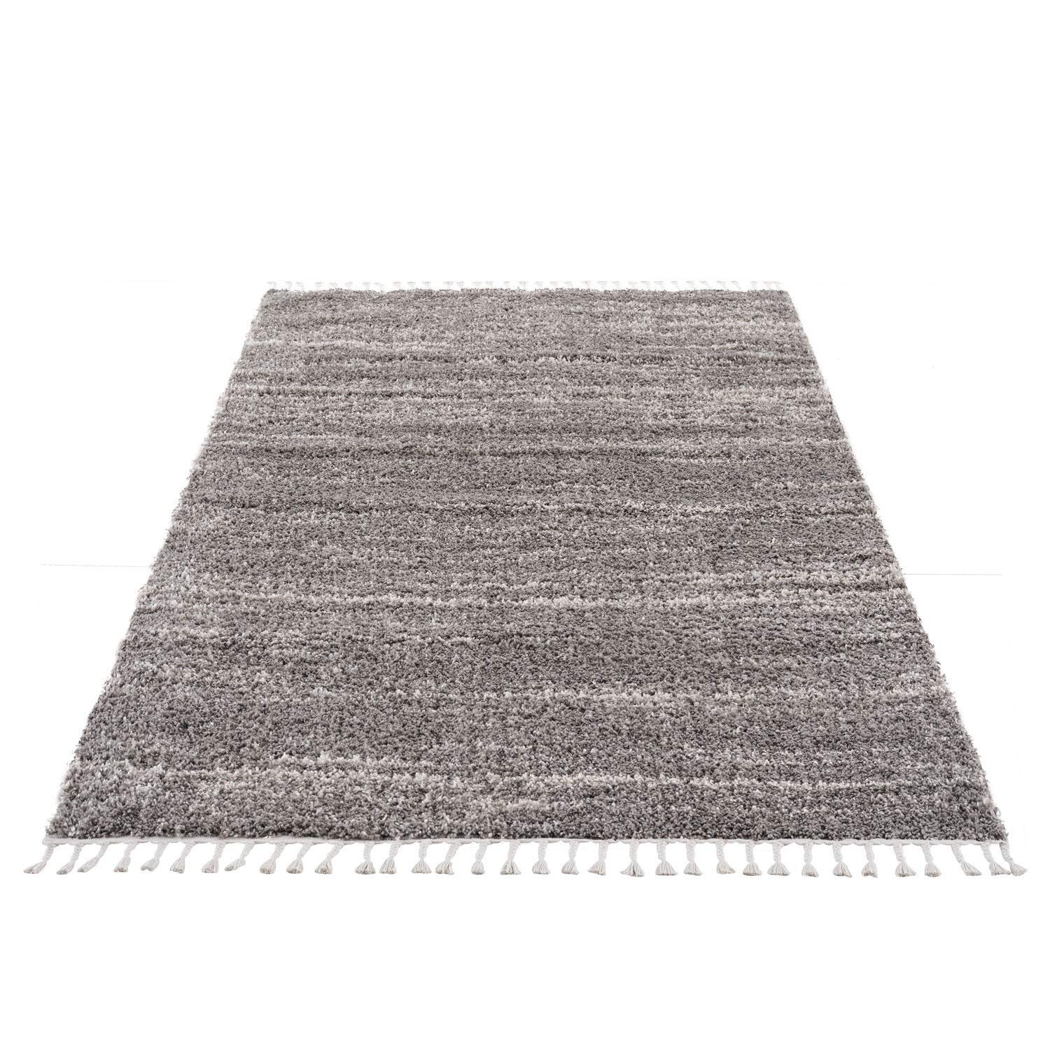 carpet city Teppich Hochflor Wohnzimmer - Ethno Stil Meliert 16x0230 cm Grau Creme - Teppiche mit Fransen