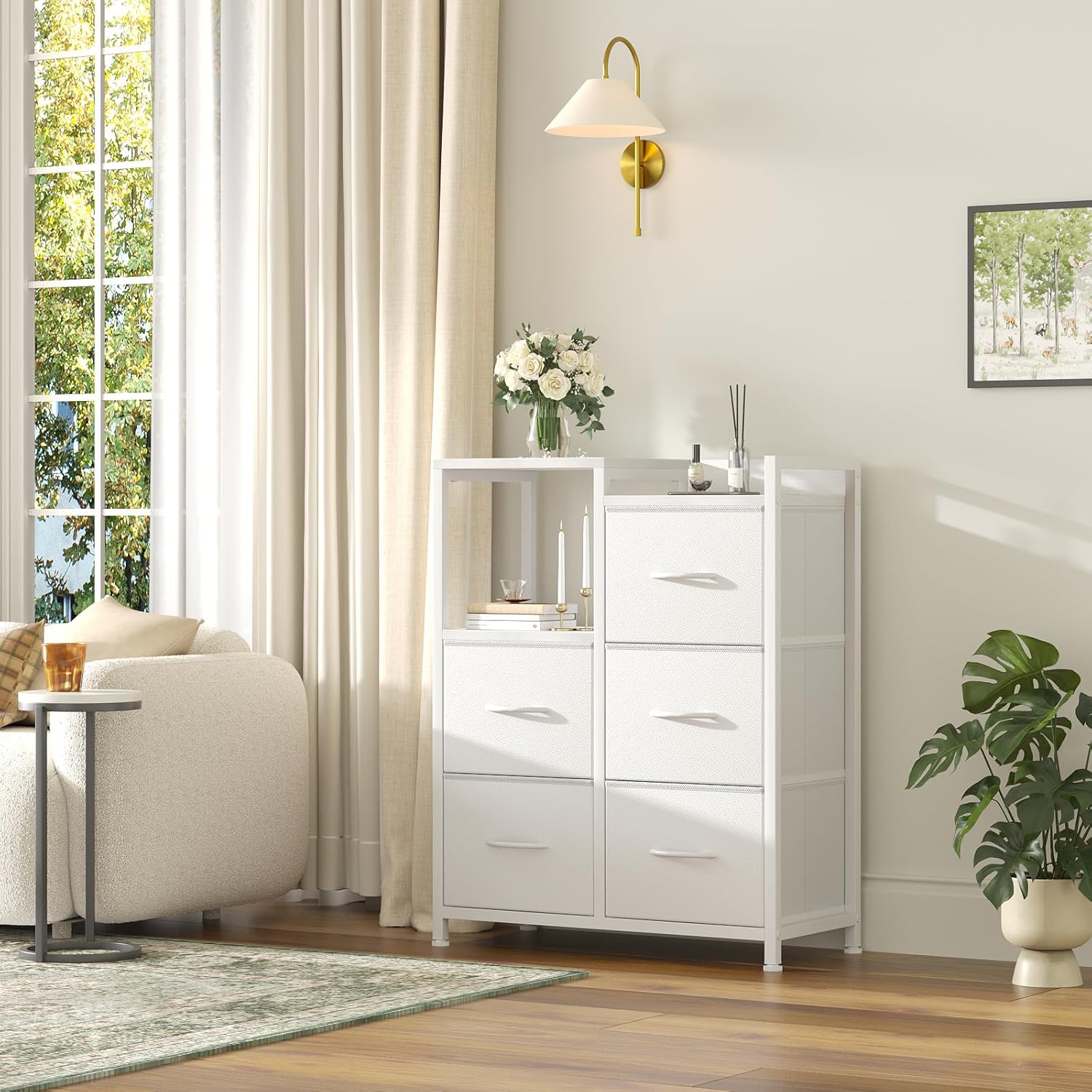 DUMOS TV Stands for Bedroom with 5 Drawers, 5-Drawer Chest of Drawers with Raised Shelf, Storage Tower with Fabric Bins for Closet Organization, Hallway Storage, White