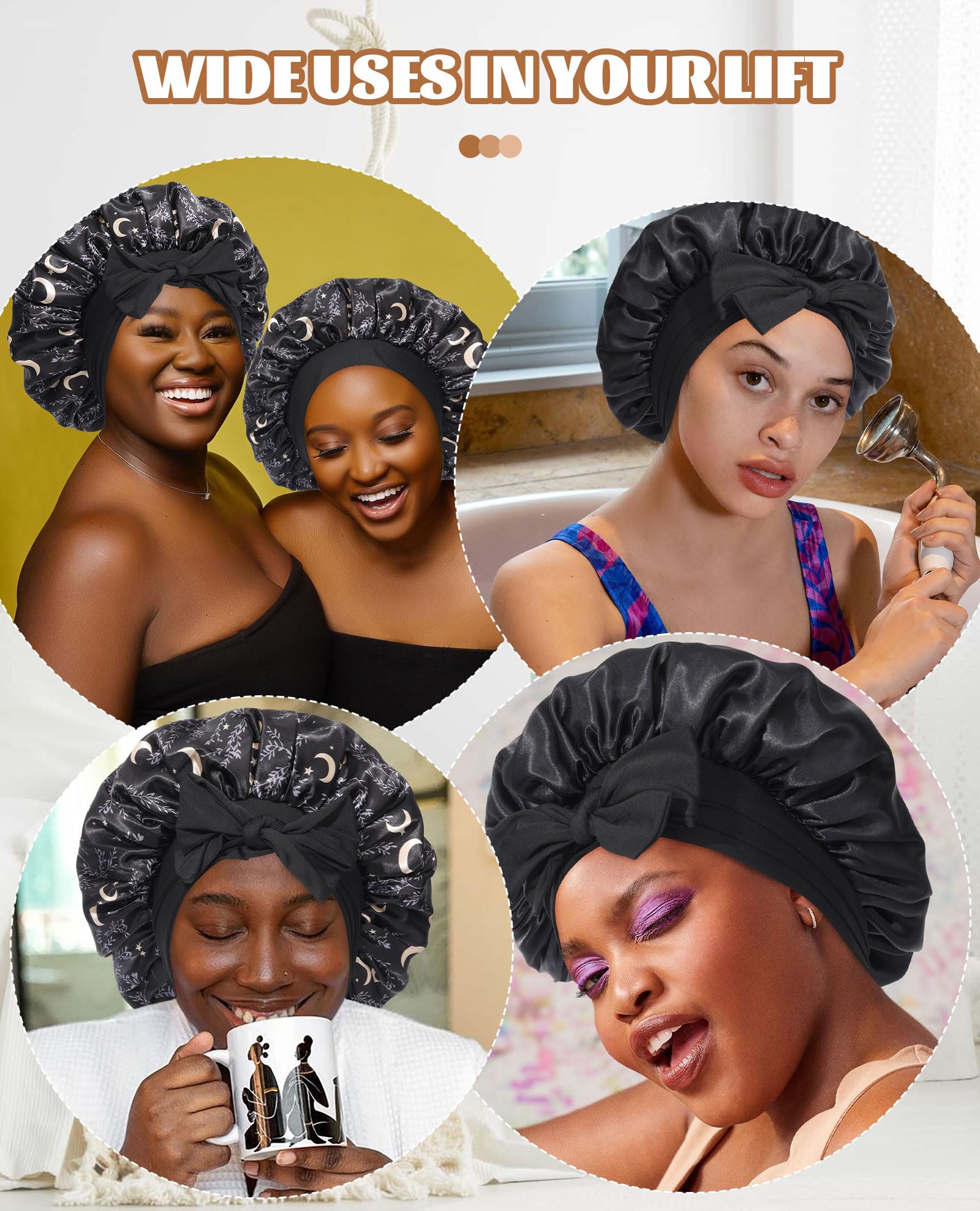 Satin Bonnet Silk Bonnet for Sleeping Silk Sleep Cap Double Layer Hair Bonnet with Elastic Tie Band for Curly Hair Night Cap (Black stars and moon+Black): One Size Black stars and moon+Black