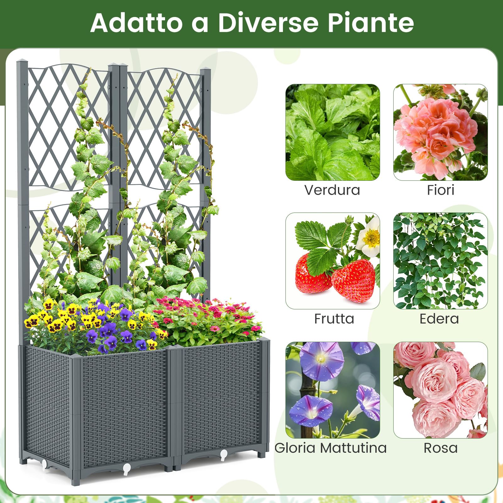 COSTWAY Letto da Giardino Elevato con Trellis a Lattice, Fioriera Autoinnaffiata per Piante Rampicanti, Fiori e Verdure, Fioriera Verticale da Interni e Esterni (Grigio,80 x 40 x 140 cm)
