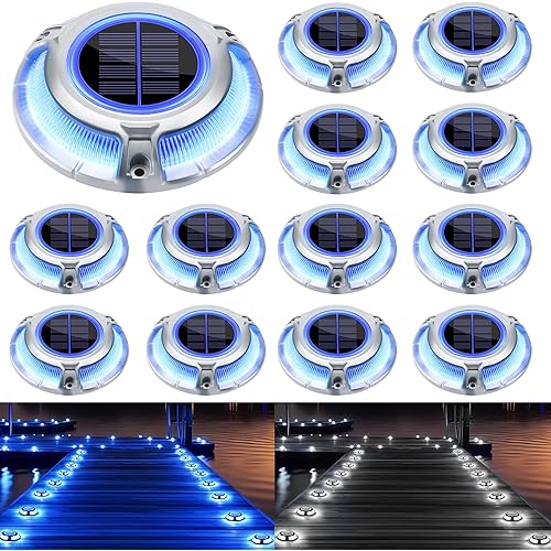Brizled 12 Pack Solar Driveway Lights, 2 Colors in 1 Outdoor Dock Lights, IP67 Waterproof Deck Lighting Marine Light, Road Marker Solar Light for Sidewalk Pathway Walkway Garden Yard(Cool White/Blue)