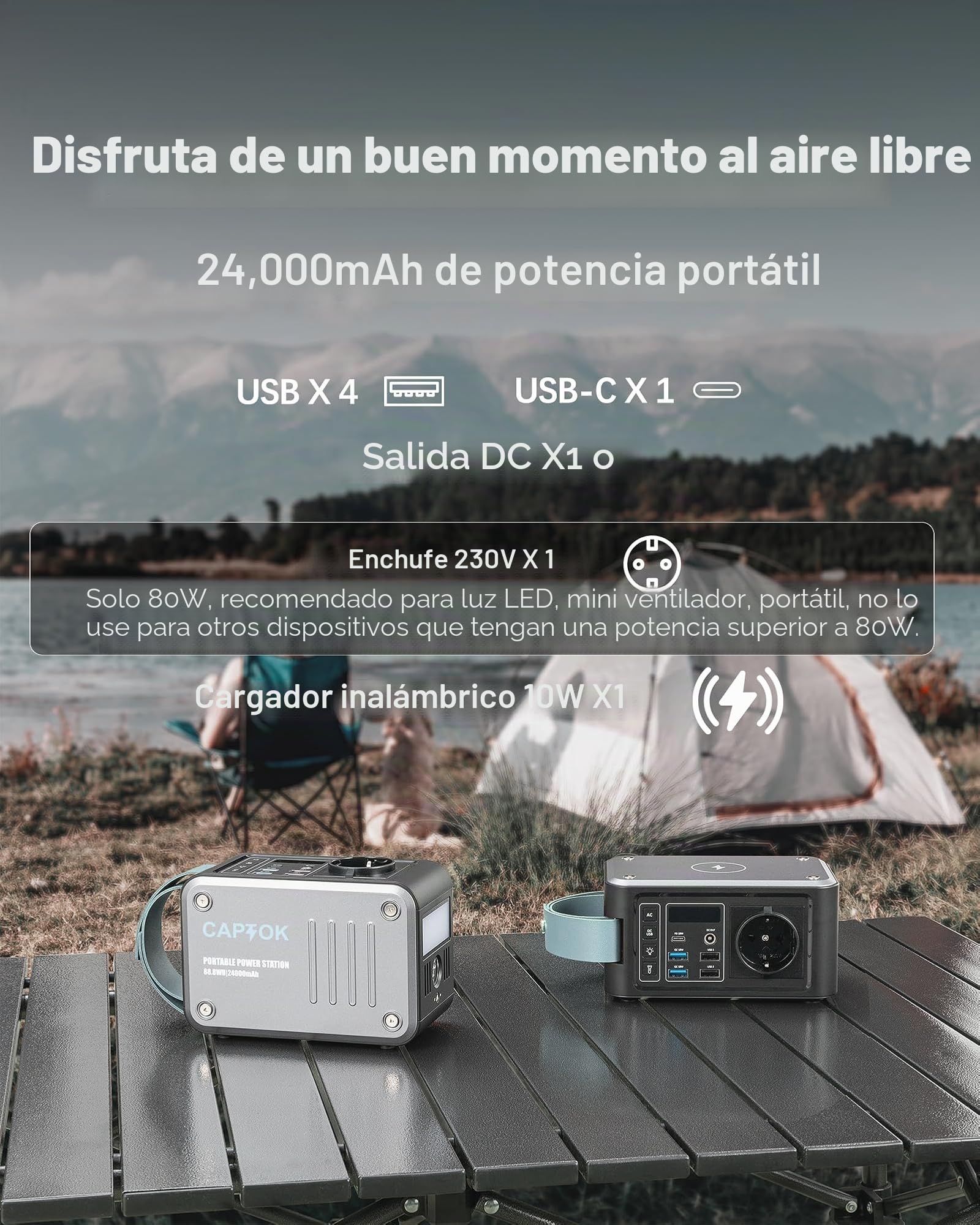Powerbank 230V con toma de corriente 88.8Wh Powerstation, 10W Cargador inalámbrico, generador solar 120W USB LED para camping al aire libre de emergencia