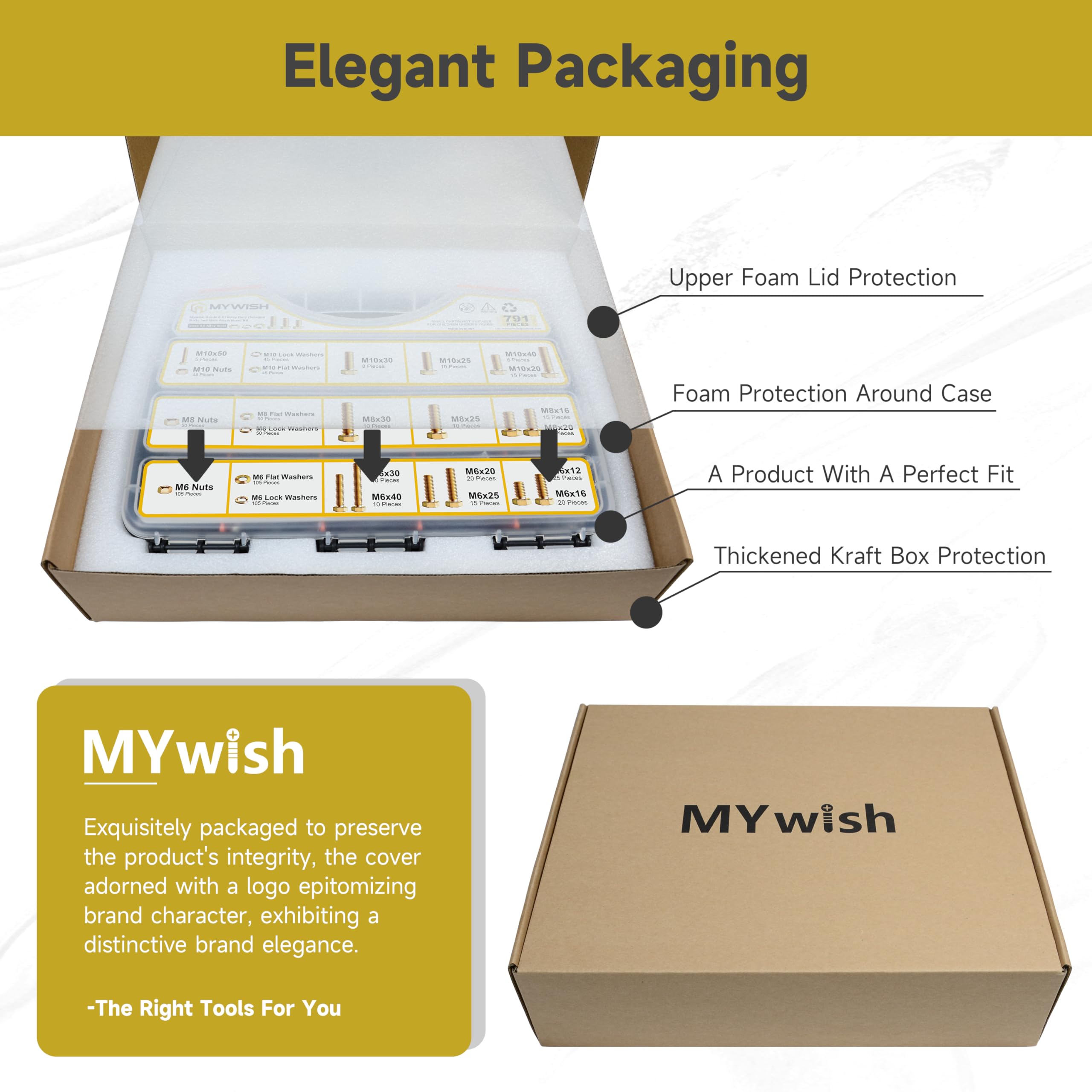 Mywish 791-teiliges metrisches Schrauben-Sortiment, Klasse 8.8, Sechskantschrauben, Muttern und Unterlegscheiben, M6, M8, M10, robust, gelb verzinkt
