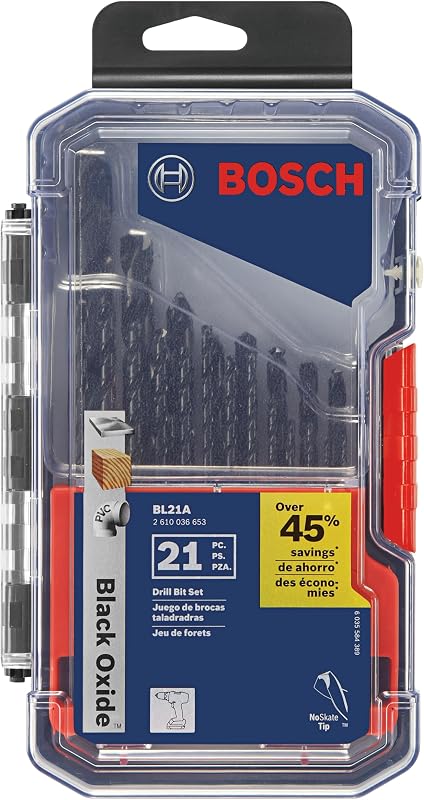 BOSCH BL21A Juego surtido de 21 piezas de brocas para metal de óxido negro con estuche incluido para aplicaciones en metal de calibre ligero, madera y plástico