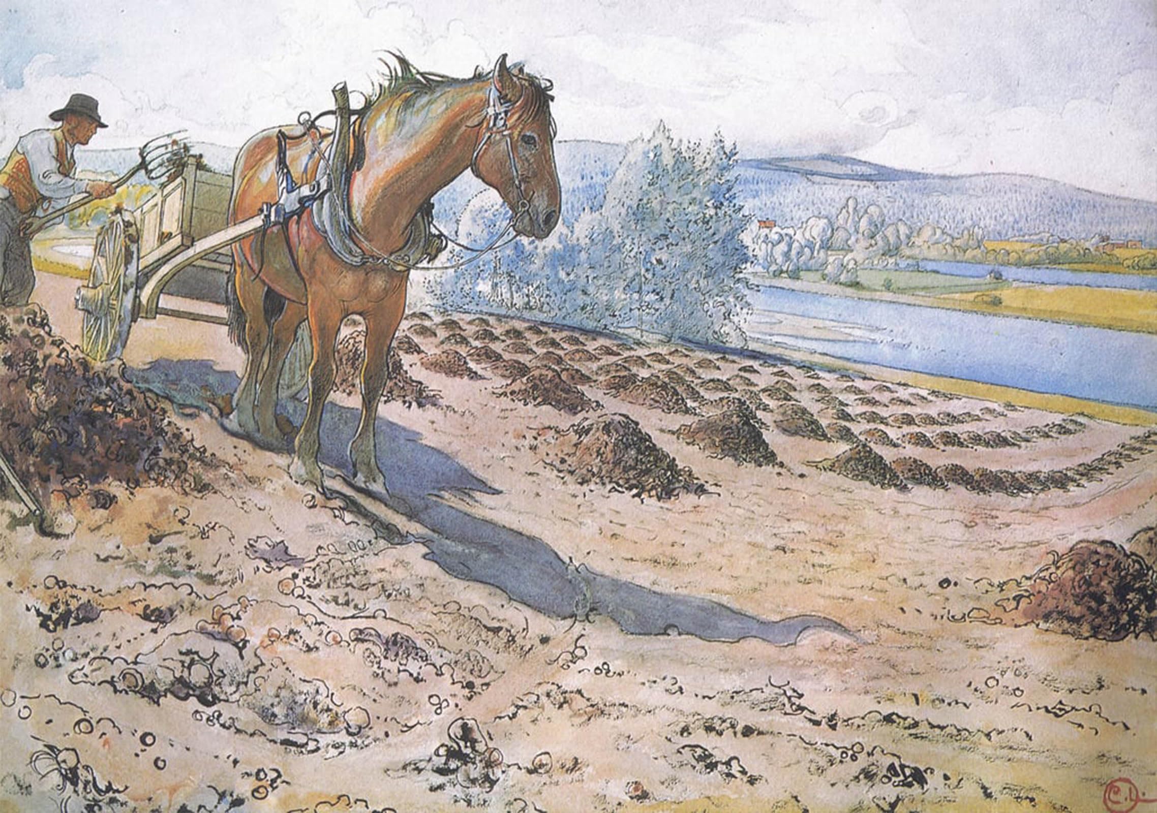 ARTXLXXBN Famous Prints Artwork Pictures Poster Painting Art Muck spreading on a Fallow Field by Carl Larsson Artwork Landscape Pictures for Home Decor 60x90cm