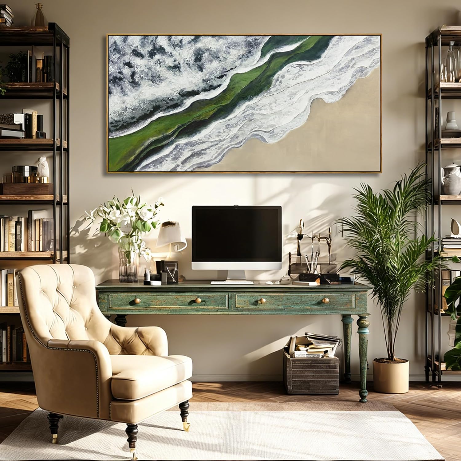 Sage Green Wall Art Abstract White Green Beach Wave Wall Decor Framed Canvas Prints Posters Pictures Artwork 24"x48" Ready to Hang