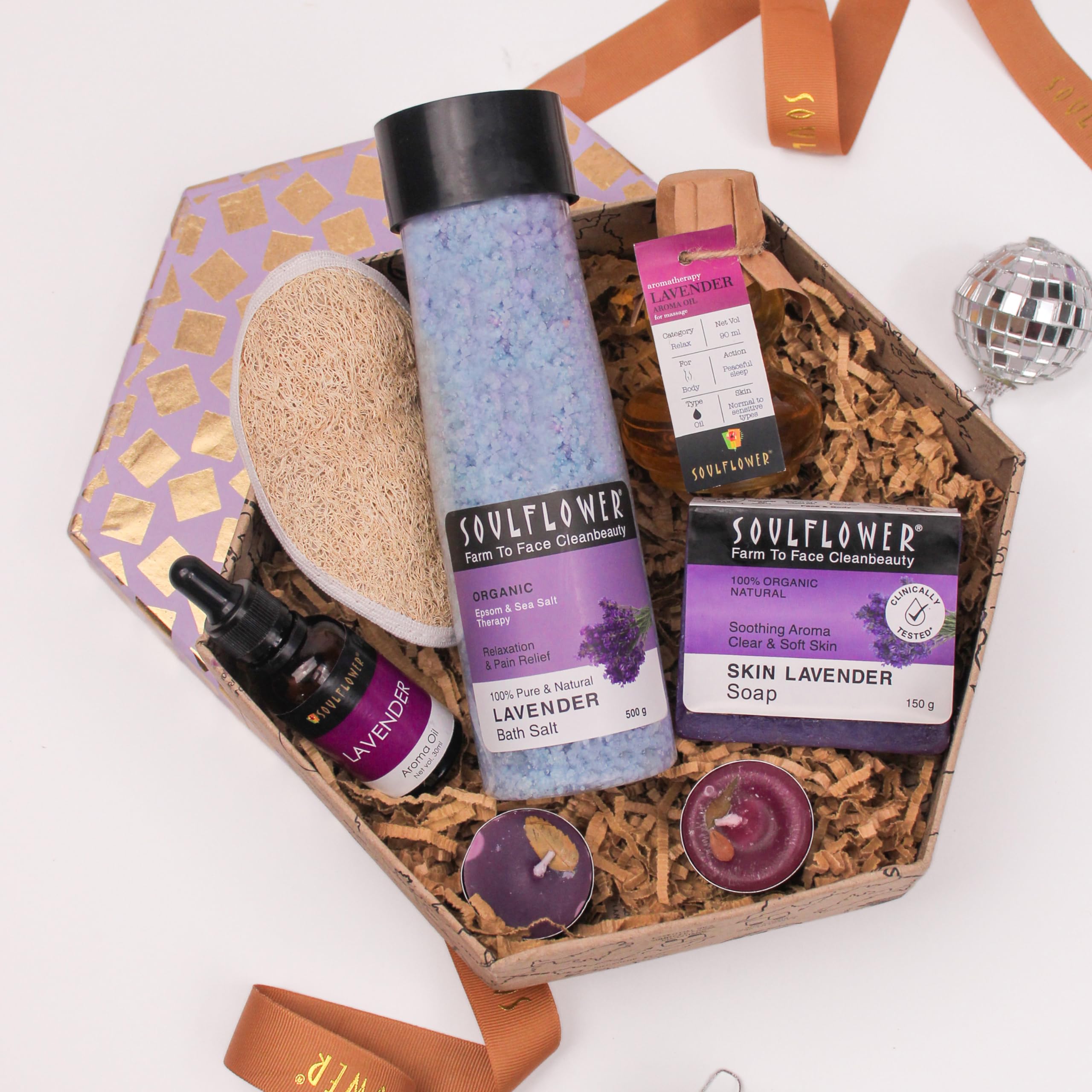 Soulflower Lavender Hexagon Bath Gift Set, Lavender spa set for relaxation, Bath salt, Essential Oil, Bath Soap