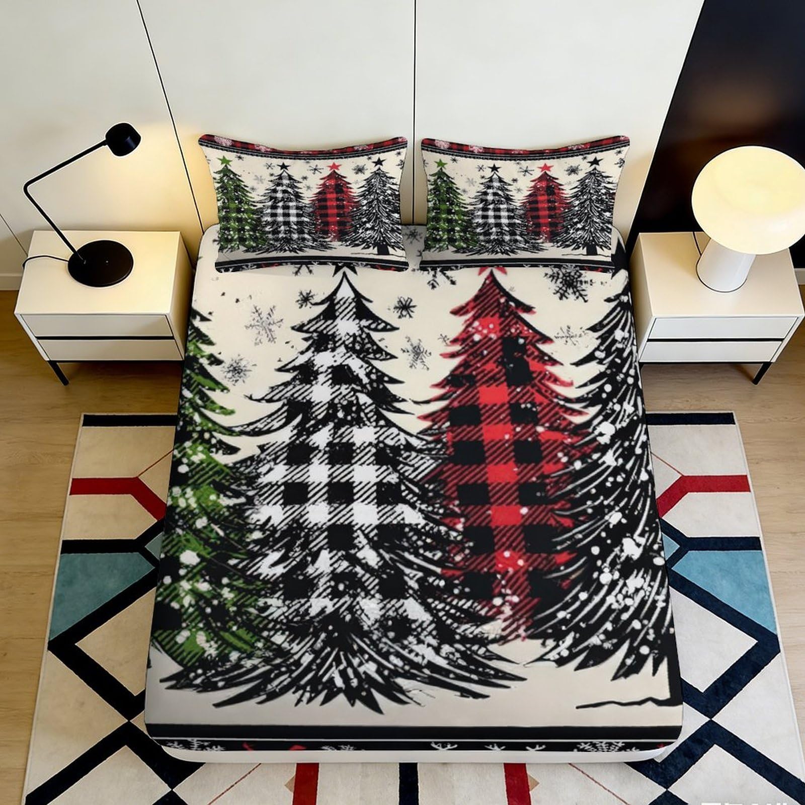 3D Printed Plaid Christmas Tree Fitted Sheet Microfiber Deep Pocket Non-Slip Bedroom Bedding Plaid Xmas Tree Mattress Fitted Cover Washable for Adults 90x200x25cm