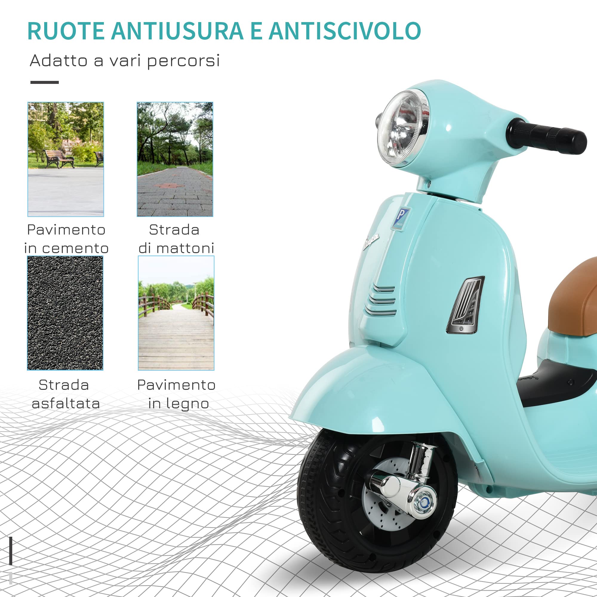 HOMCOM Moto Elettrica per Bambini 6V con Licenza Ufficiale Vespa Batteria, Motorino Elettrico per Bambini da 18-36 Mesi con Fari e Clacson, 66.5x38x52cm, Verde