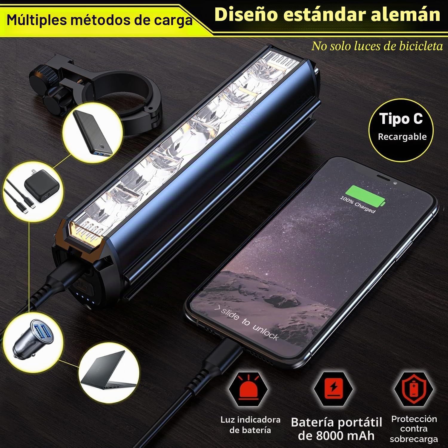 Luz Bicicleta Delantera,3250 lúmenes Luz Bicicleta Súper Brillante, 8000mah USB Recargable, 4 Iluminación Modos, IPX5 Impermeable Luces para Bicicletas para Montar Noche/Acampar