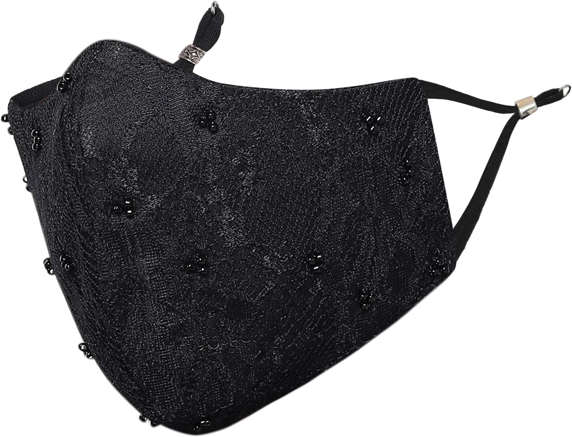 MASQ By Q-One Beaded 4 Layer Reusable, Washable with Detachable Chain & Ear Adjusters, Anti-Bacterial (BFE>99%) Designer Embroidered Nylon Cloth Face Mask for Women, Girls (Black, Medium, Pack of 1)