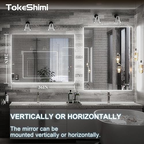 Miniatura 5 de TokeShimi Espejo retroiluminado LED de 28 x 36 pulgadas, espejo de baño con luz antiniebla para pared, moderno espejo de tocador de baño con luces