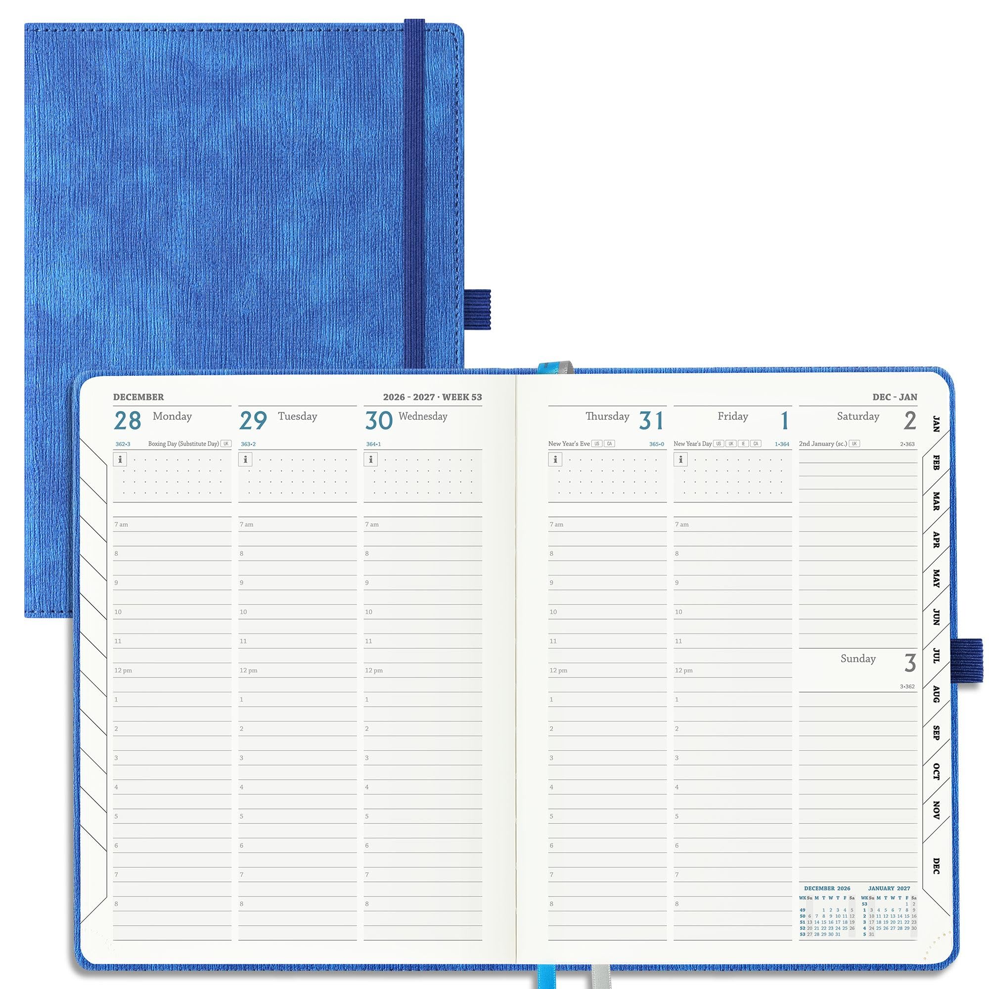 IN-LUXPRO Academic Diary 2026-2027 Week to View A5 Medium (21.9x16.2 cm) 18 Months (Jul'26 - Dec'27) Mid Year Diary 26/27 Vertical Weekly Planner with Timeslots& Month Tabs, PU Leather Blue