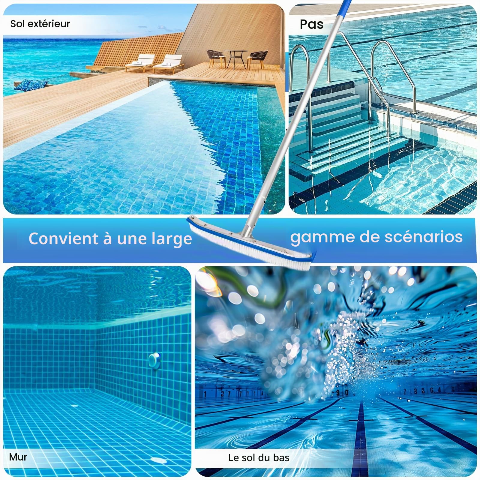 Brosse Piscine, Brosse de Nettoyage pour Piscine de 43 cm, Balai Piscine avec Barre en Aluminium Réglable en Longueur de 180cm