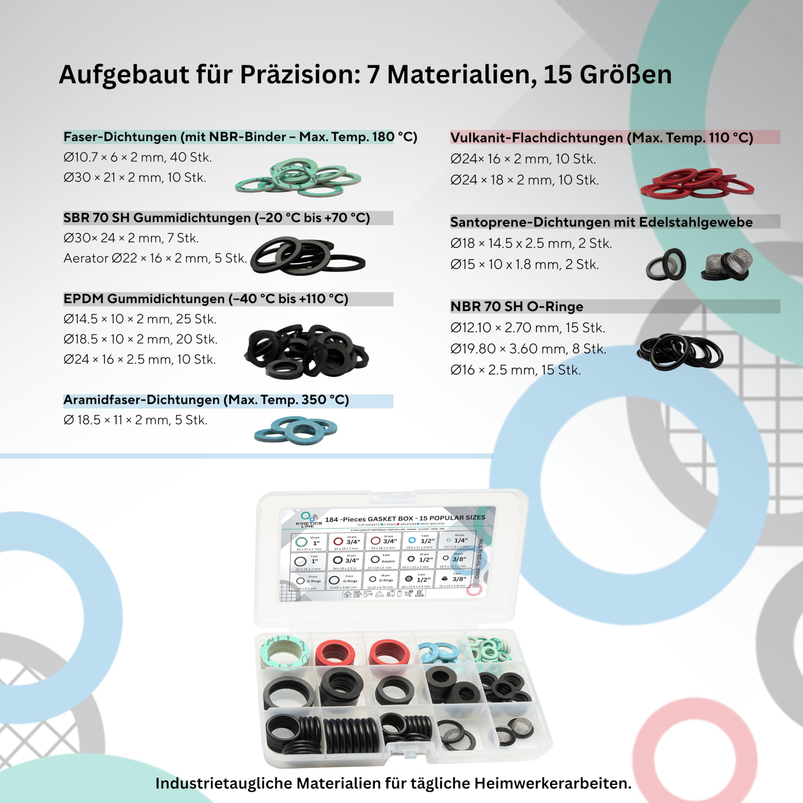 MultiSeal Box – 184-teiliges Dichtungssortiment mit 15 Gängigen Größen für Haushalt, Küche & Bad