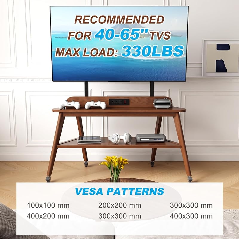 Solid Wood Rolling TV Stand with Power Outlet, Mobile TV Stand image 6