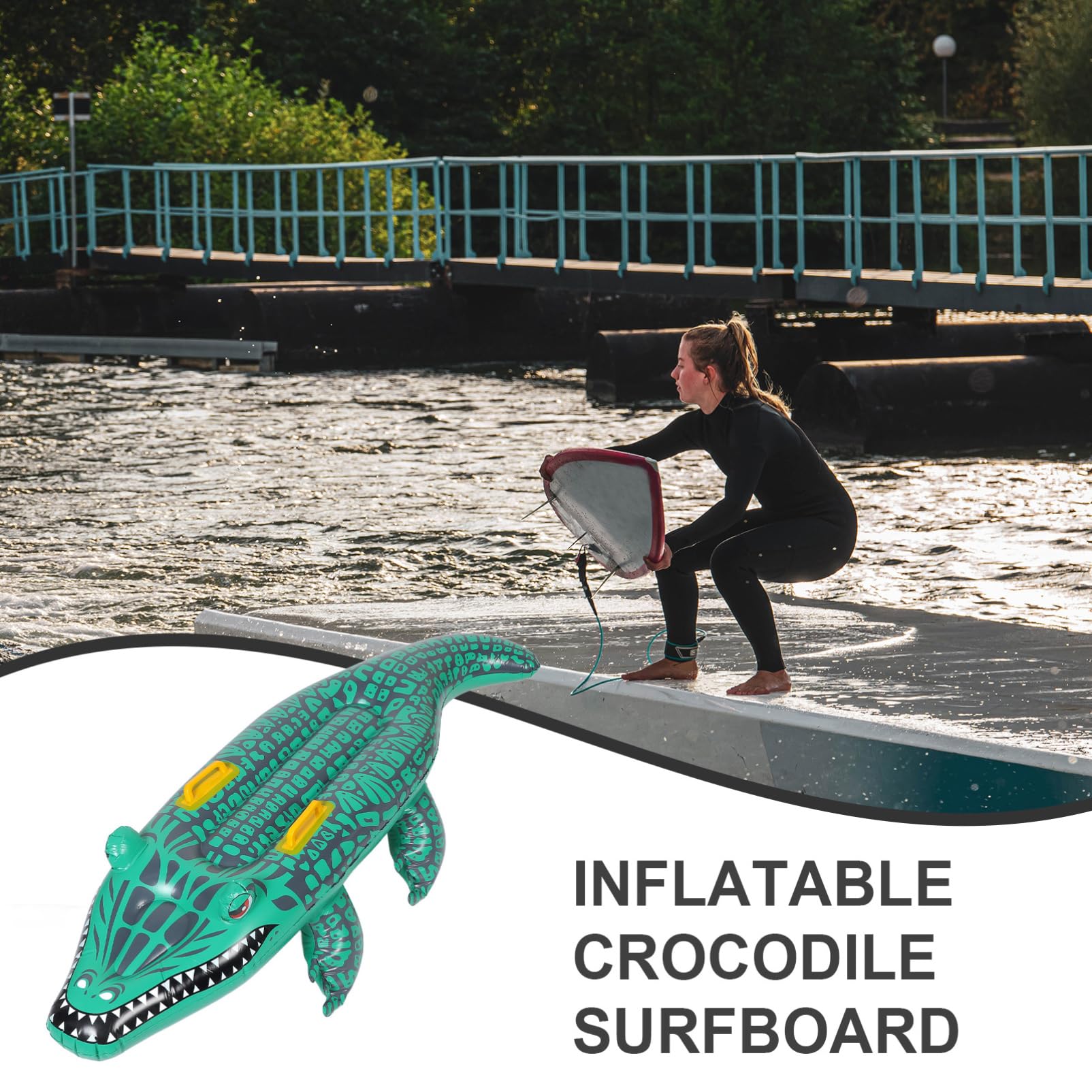 Abaodam Aufblasbares Bodyboard für Pool Grünes PVC Alligator Schwimmbrett Faltbar und Aufblasbar Schwimmspielzeug für Kinder und Erwachsene für Wasseraktivitäten mit Sommerstimmung