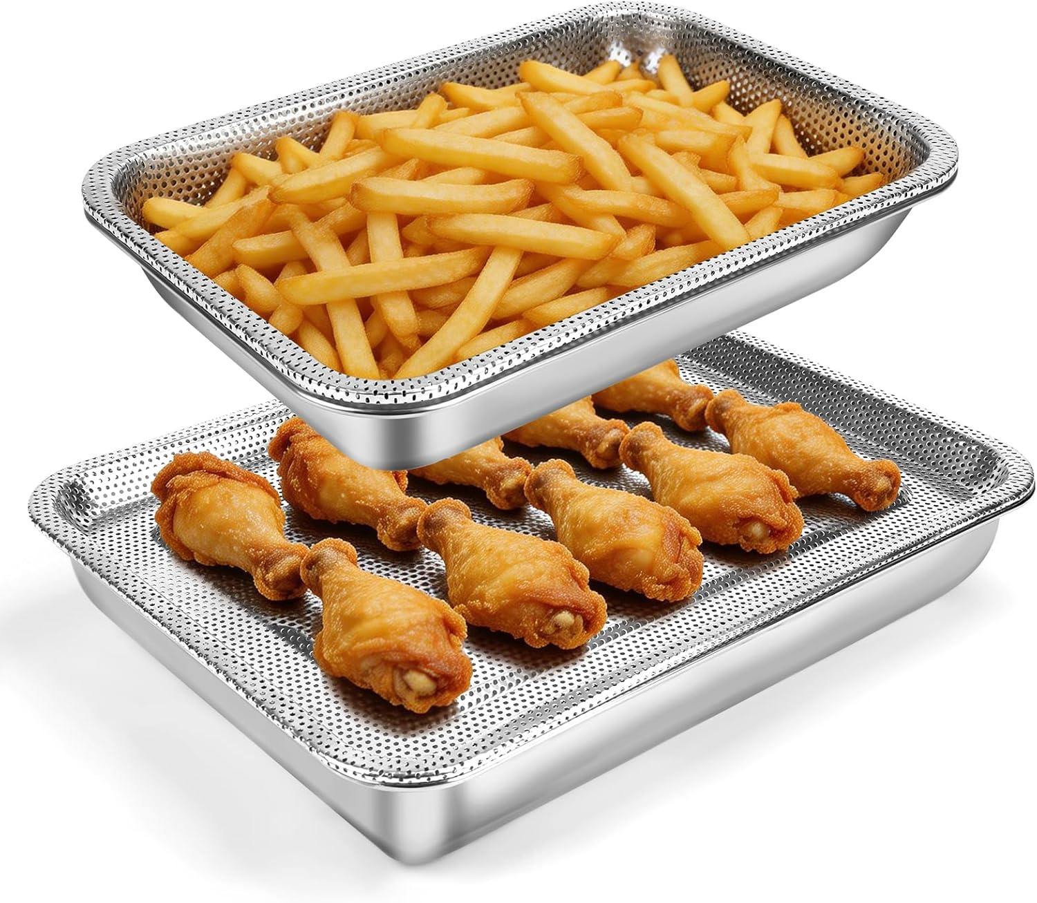 2 Pcs 15.74"12.59" Stainless Steel Roasting Pan Set, Baking Pan for Oven with 2 Pcs Oil-spill Trays, Heavy Duty, Dishwasher Safe Rectangular Lasagna Pan for Turkey Chicken, Silver