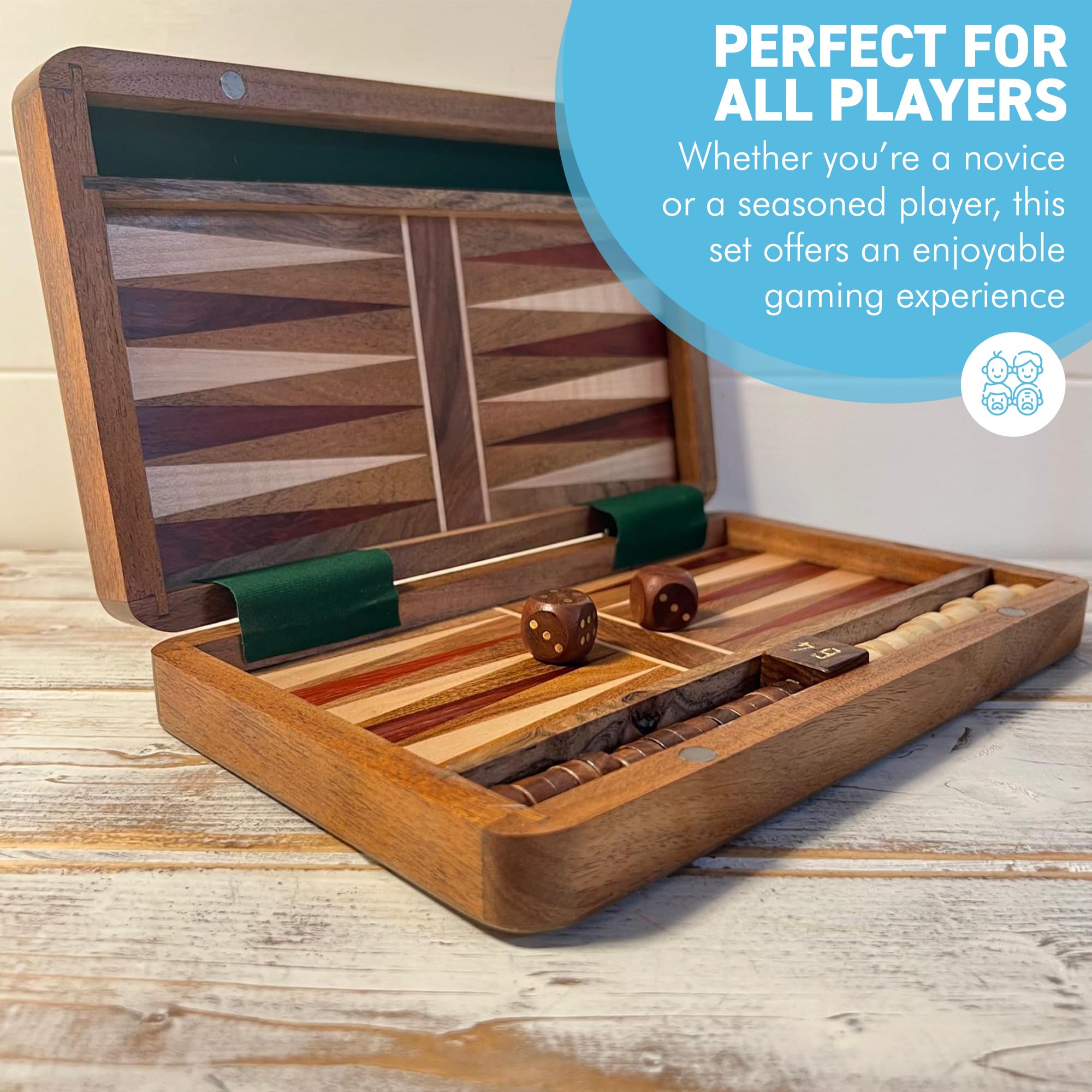 Classic Wooden Inlaid Backgammon Set - 36cm x 26cm, Includes Wooden Playing Pieces and Dice, Brown, 42cm x 36cm - Image 4