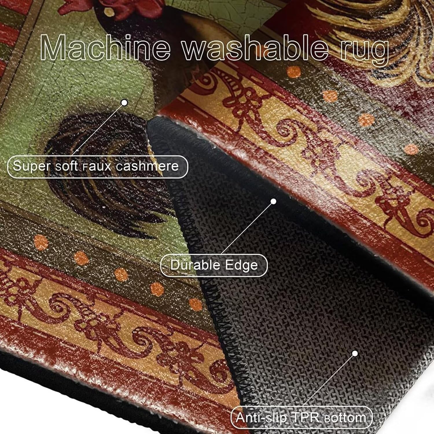 2ftx4ft Vintage Rooster Runner Rugs for Bathroom Kitchen Floor Abstract Chicken Area Rug for Laundry Room Washable Non-Slip Floral Cock Runner Carpet