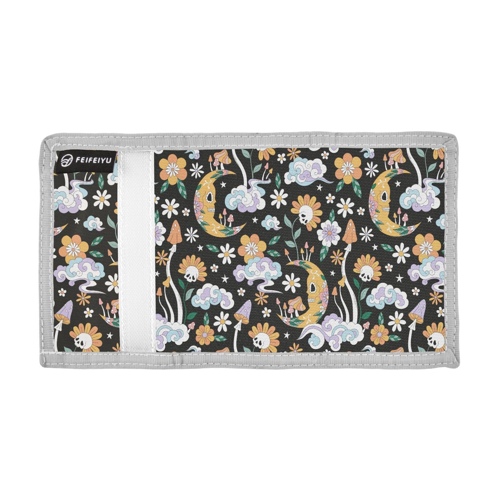 JHKKU Moon Mushroom Skull Flower Trifold Wallets for Kids Boys Girls, Outdoor Sports Wallet for Teen, with Zipper Coin Pocket Novelty Purse