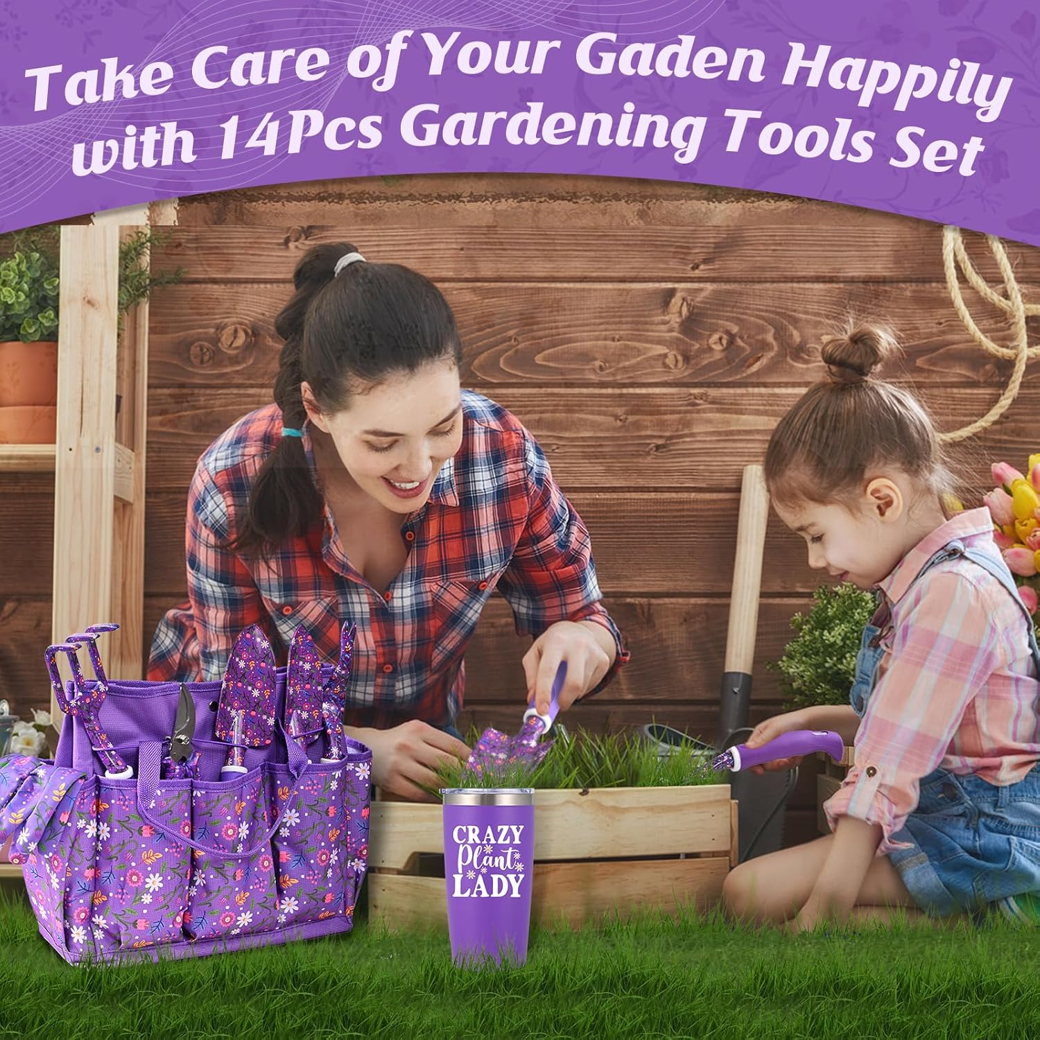 Lifecapido Gardening Gifts for Women, Garden Tool Set, 14 PCS Gardening Tools Set Kit with Tool Bag, Plant Lover Birthday Christmas Mothers Day Garden Tools Gifts for Gardeners Women Mom (Purple)